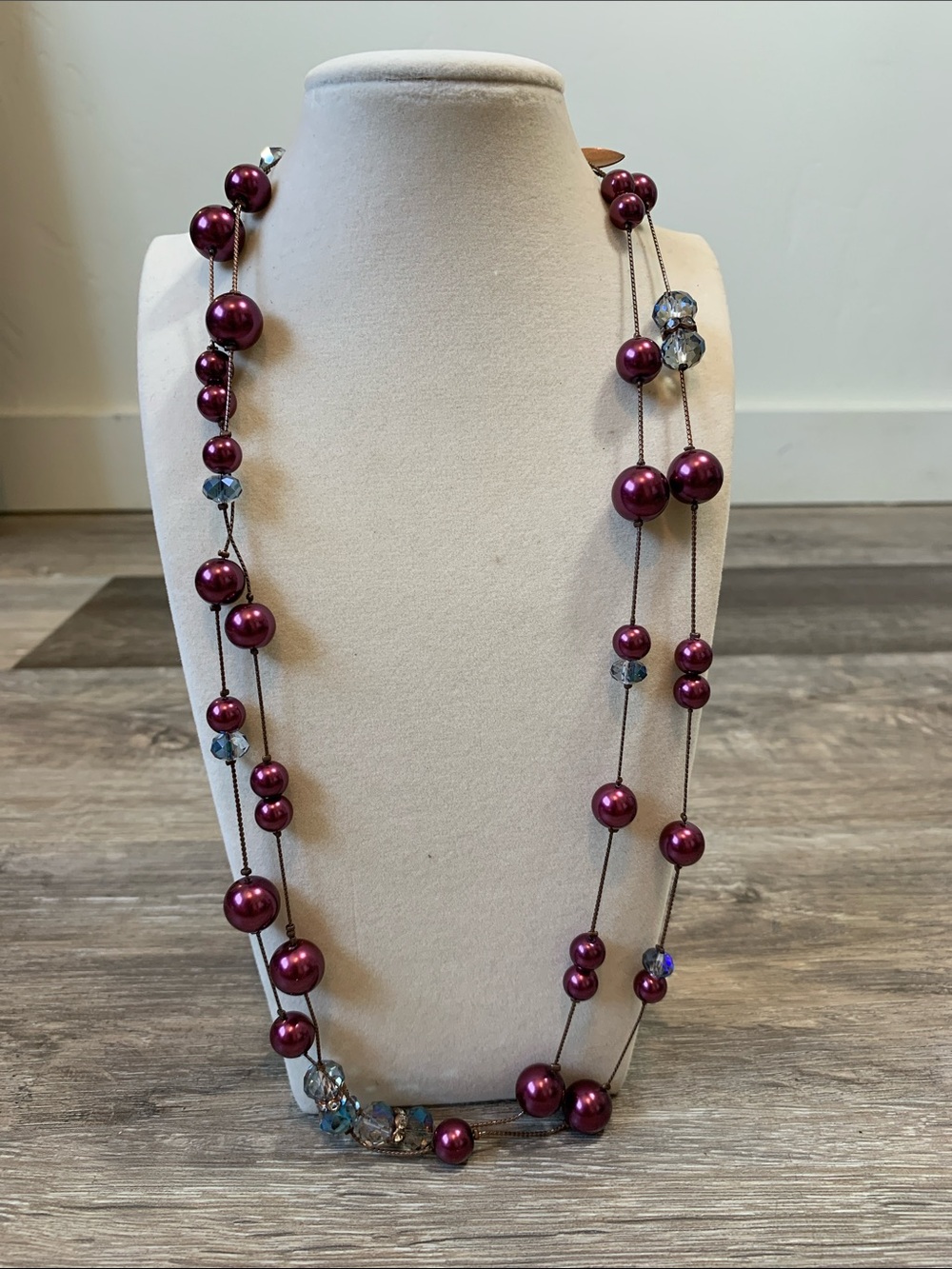 Coldwater Creek Long Plum Bead Necklace with Crystal Accents